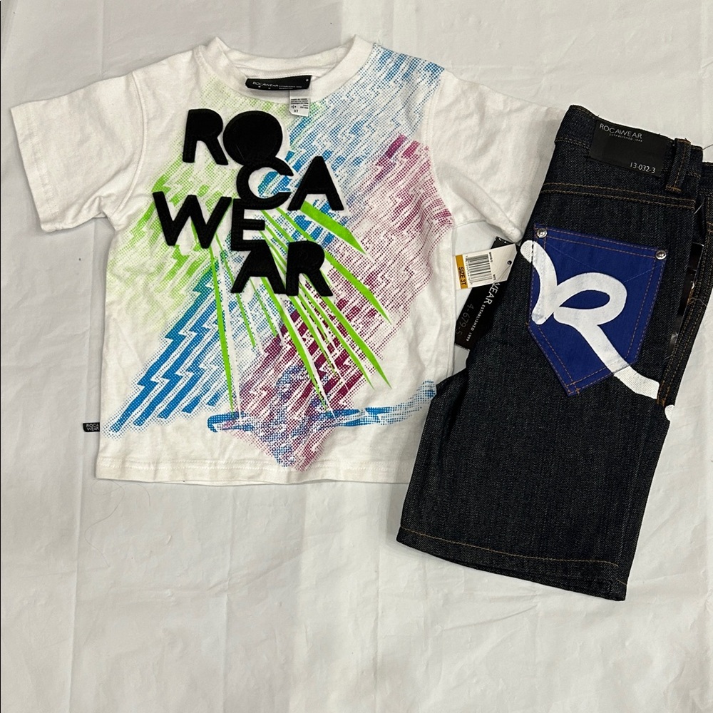 Rocawear Kids Tee and Jeans Set - White with Blue and Green